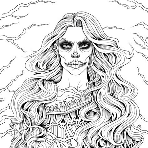 Un Dibujo De Una Mujer Con Cabello Largo Y Cara De Calavera Ai