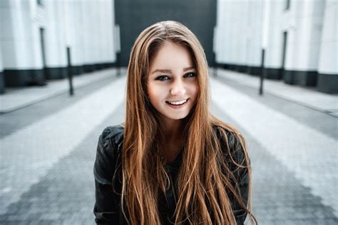 Leather Jackets Anastasia Women Smiling Face Public Long Hair