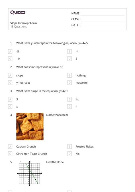 Slope Intercept Form Worksheets For Th Grade On Quizizz Free