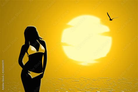 Mujer con bikini en la playa sol fondo luminoso ilustración Stock Illustration Adobe Stock