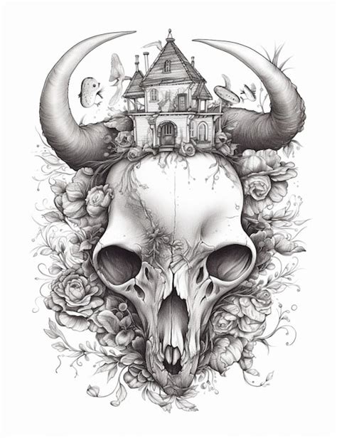 Un Dibujo De Una Calavera Con Un Castillo Foto Premium