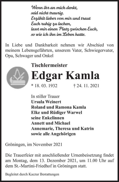 Traueranzeigen Von Edgar Kamla Abschied Nehmen De