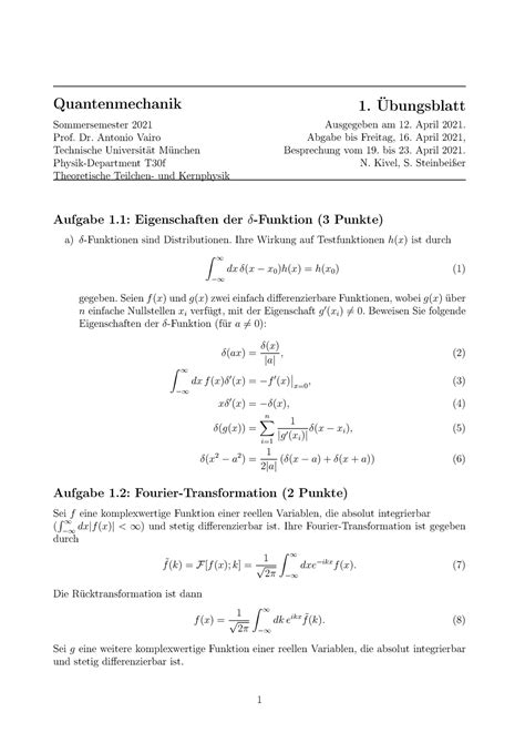 Quantenmechanik Übungsblatt 1 SoSe21 Quantenmechanik Sommersemester