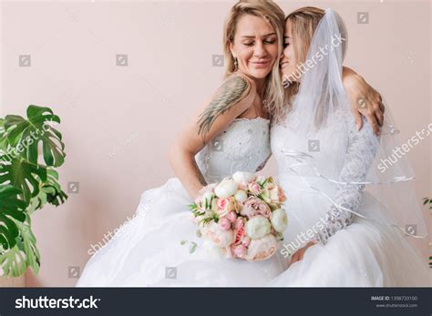 Lesbian Wedding Hugging Wedding Dresses Love Stock Photo Shutterstock