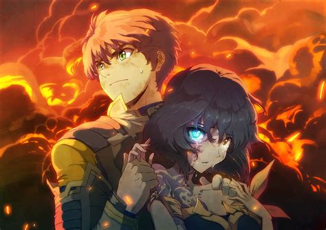 Safebooru 1girl Bare Shoulders Black Hair Blue Eyes Couple Fire Glowing Glowing Eye Hand