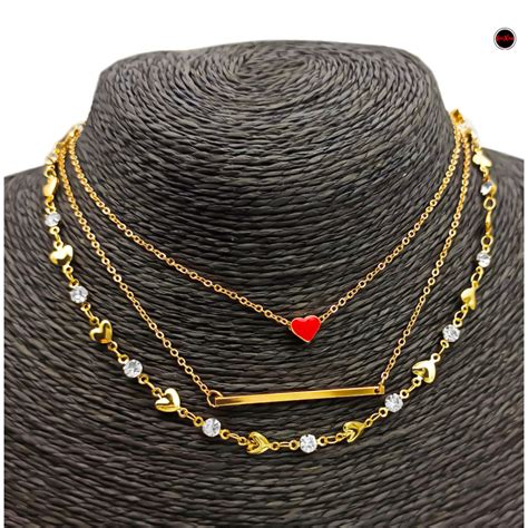 DORADO CHOKER X3 CORAZON ROJO BARRA CORAZONES C STRASS FANTASIA