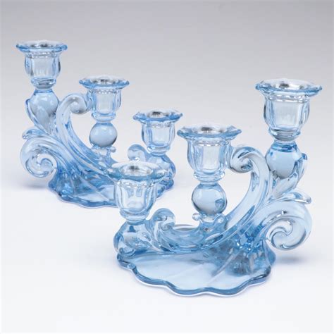 Cambridge Glass Caprice Moonlight Blue Candelabras Mid 20th Century Ebth