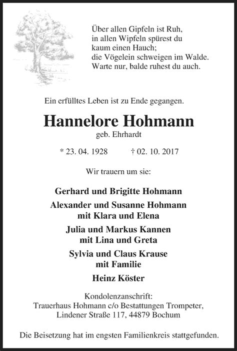 Traueranzeigen Von Hannelore Hohmann Trauer In NRW De