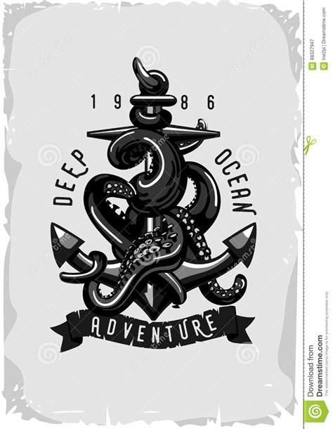 Octopus With Anchor Sketch Sea Kraken Squid Holding Ship Anchor