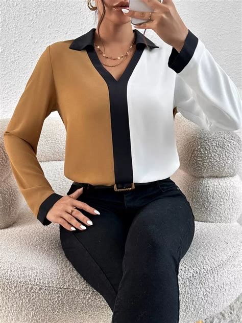 Shein Unity Blusa De Color Combinado De Cuello En Contraste Moda De