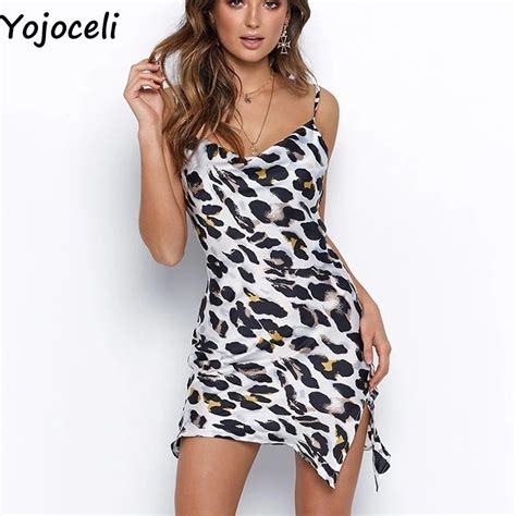 Yojoceli Sexy Strap Leopard Print Slip Dress Women Autumn Split Short Dress Female Vestidos