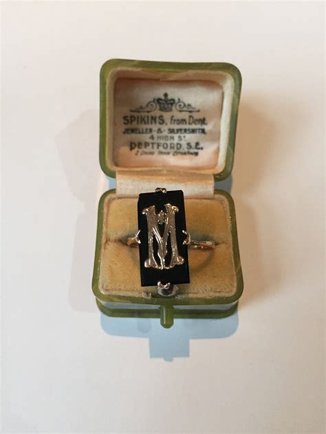 Victorian Memorial Initial Ring Gold Onyx Memorial Ring Initial M