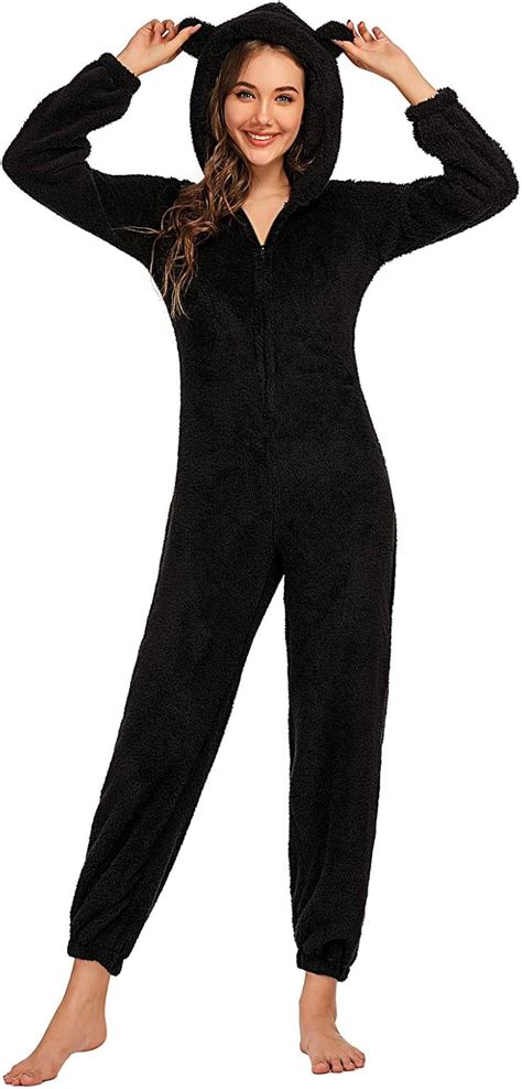 Women One Piece Fuzzy Warm Sherpa Hooded Pajamas Jumpsuit Zip Up Onesie