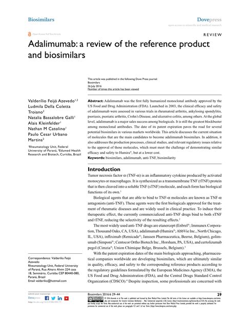 (PDF) Adalimumab: a review of the reference product and biosimilars