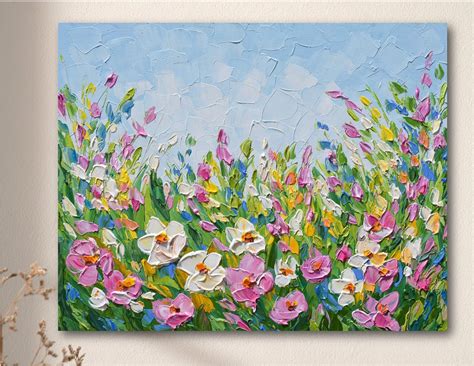 Pink White Flower Field Painting, Original Hand Painted Impasto Floral Art, Colorful Landscape ...