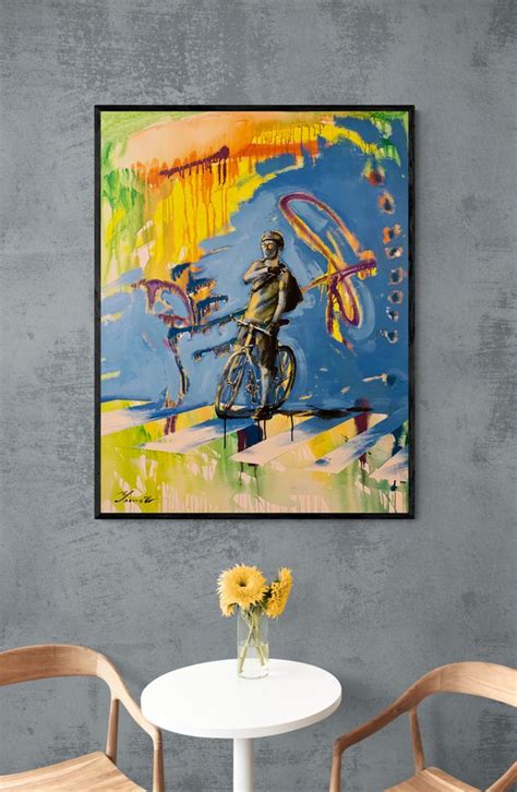 Bright Painting Cyclist On Sunset Urban Art Pop Art 2022