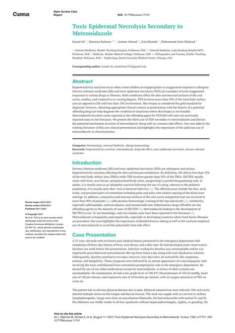 Pdf Toxic Epidermal Necrolysis Secondary To Metronidazole