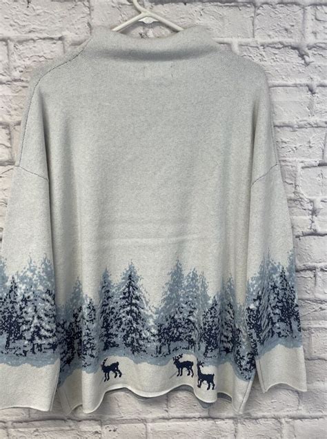 New Cynthia Rowley Sweater Womens X Mock Neck Trees Snow Moose Scene