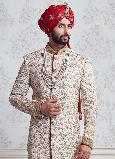 Designer Wedding Cream And Maroon Zari Linen Bandhgala Sherwani Is