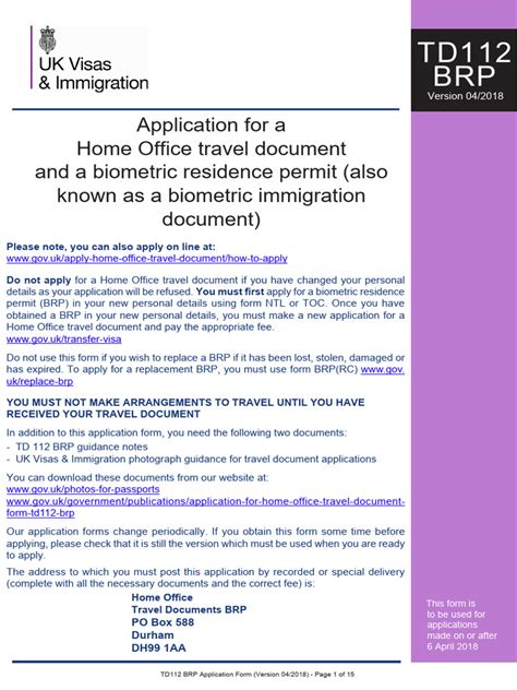 Application For A Ho Travel Document And Biometric Residence Permit Pdf Payments Cheque