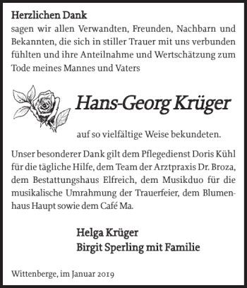 Traueranzeigen von Hans Georg Krüger Trauer Nordkurier