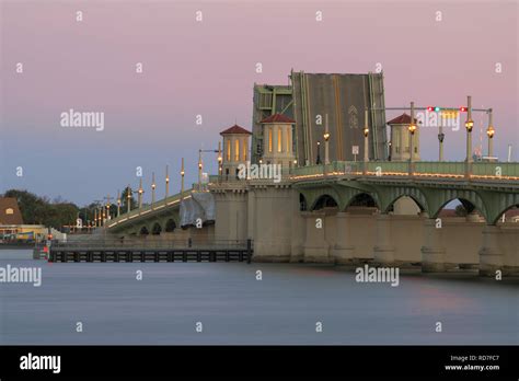 Bridge Of Lions With Draw Bridge Elevated At Twilight In St Augustine