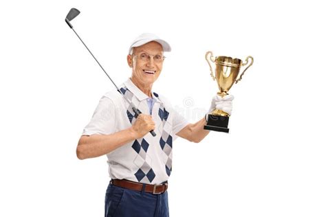 Jogador De Golfe Superior Alegre Que Guarda Um Troféu Foto de Stock