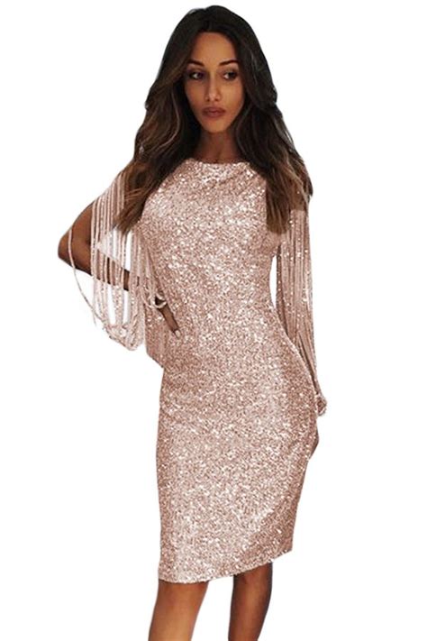 Nude Sequin Tassel Sleeve Bodycon Evening Dress Bodycon Evening Dress