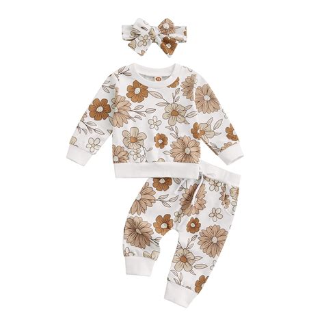 3pcs Baby Girl Outfits Floral Sweatshirt Pants Headband Infant Fall