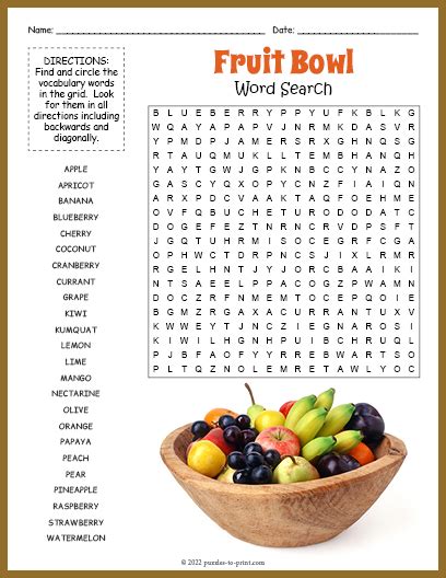 Healthy Fruits Word Search Free Printable Templates