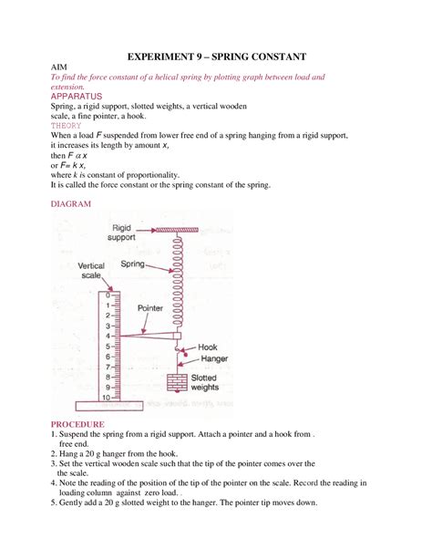 EXPERIMENT 9 – SPRING CONSTANT | Lecture notes Physics | Docsity