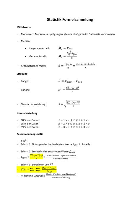 Statistik Formelsammlung für Klausuren Statistik Formelsammlung