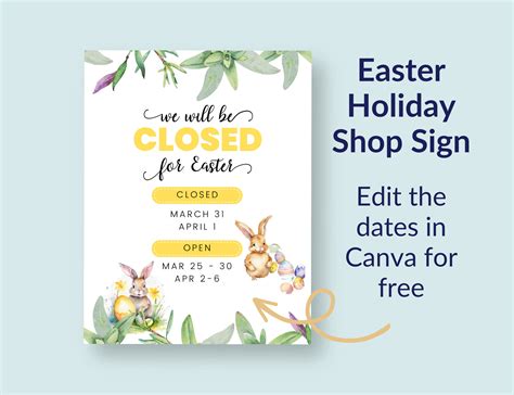 Customizable Holiday Closed Sign | Printable Shop Open Hours | Easter
