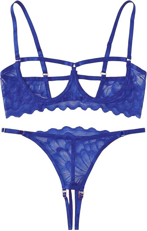 Lilosy Sexy Underwire Floral Lace Sheer Lingerie Set For Women See Through Bra And Panty Piece