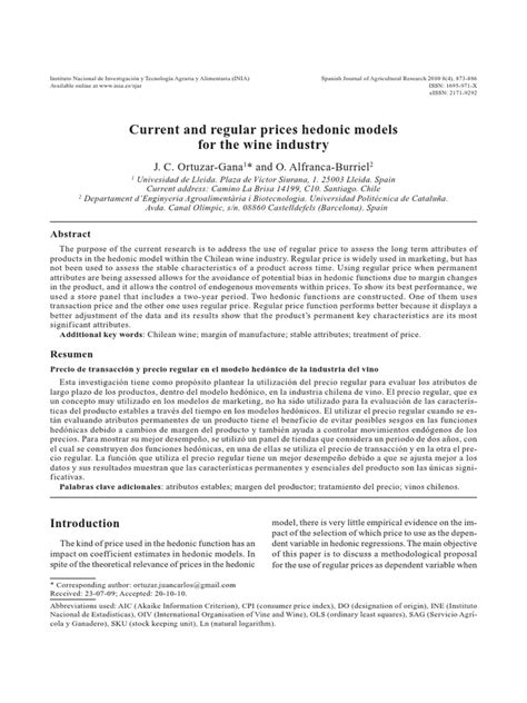 Current And Regular Prices Hedonic Models For The Wine Industry Ortuzar