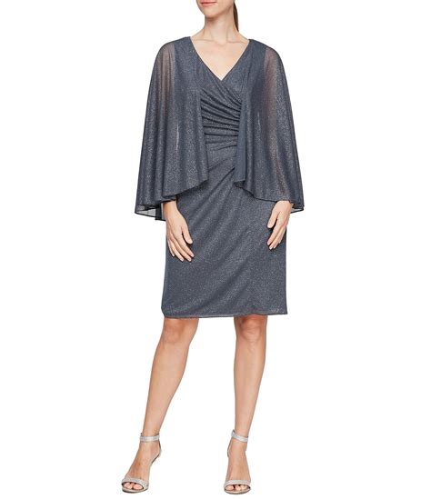 Ignite Evenings Glitter Mesh Surplice V Neck Capelet Sleeve Ruched