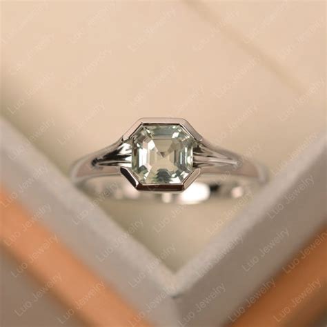 Round Cut Green Amethyst Ring Sterling Silver Gemstone Ring Etsy