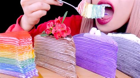 Asmr Crepe Cake Rainbow Big Bites Sticky Eating Sounds 먹방 Youtube