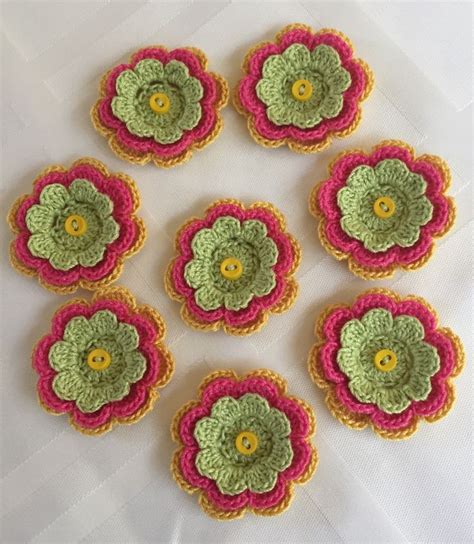 8 Crochet Flower Appliques Three Layer Flowers Set Of 8 Etsy Flower