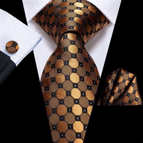 Golden Plaid Silk Tie Pocket Square And Cufflinks Ties Mens Neck Tie Mens Silk Ties