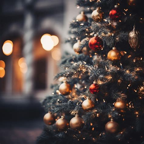 Premium AI Image Decorated Christmas Tree Closeup On Blurred Background