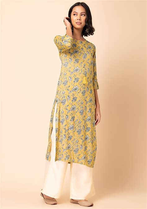 Buy Women Yellow Floral Jaal Print Rayon Straight Kurta Everyday