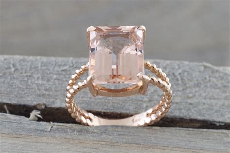 14k Rose Gold Elongated Emerald Cut Morganite Split Shank Rope Engagem