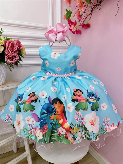 Vestido Da Lilo E Stitch - Vestido Infantil da Lilo e Stitch Azul Claro Florido Festas - Rosa ...