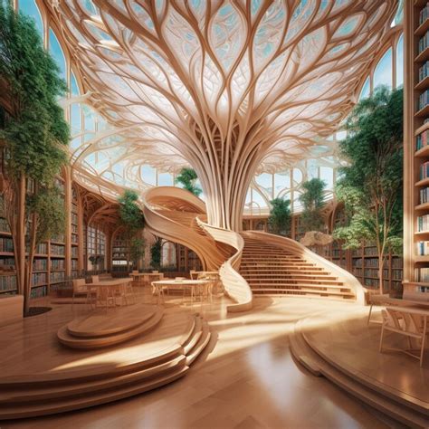 Premium Ai Image A Library With A Spiral Staircase And A Tree In The