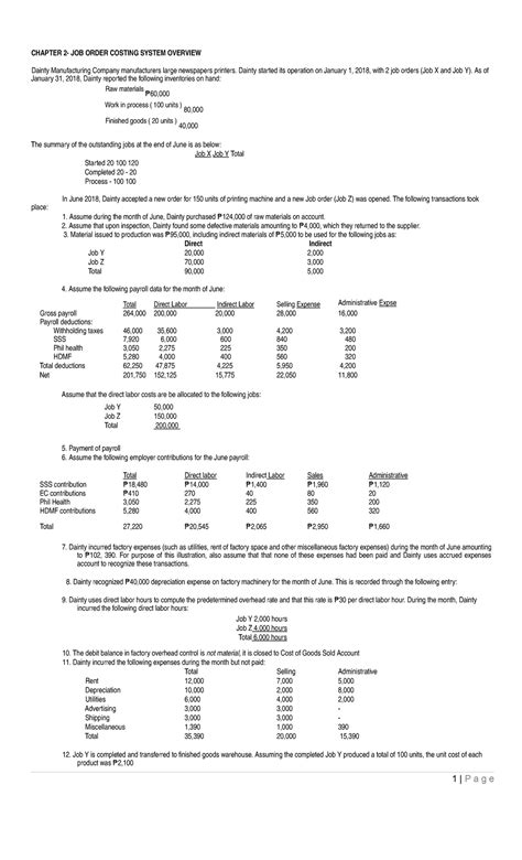 Job Order Costing Seatwork Chapter 2 Job Order Costing System