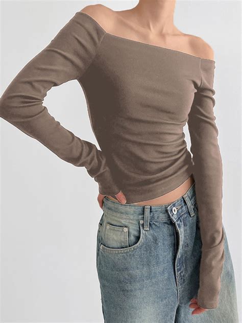 Emmiol Free Shipping 2023 Solid Color Off Shoulder Slim Long Sleeve Tee