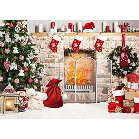 7x5ft Christmas Backdrop Xmas Fireplace Theme Backdrop Christmas Trees