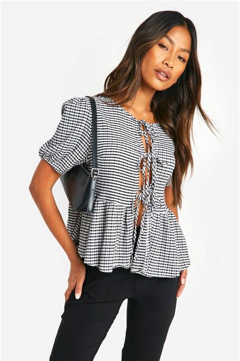 Gingham Tie Front Puff Sleeve Smock Top Boohoo Uk