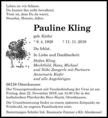 Traueranzeigen Von Pauline Kling Saarbruecker Zeitung Trauer De